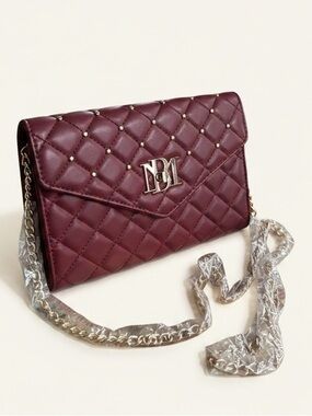 Badgley Mischka Wine Quilted Crossbody Clutch Gold Studs Chain Strap NWT